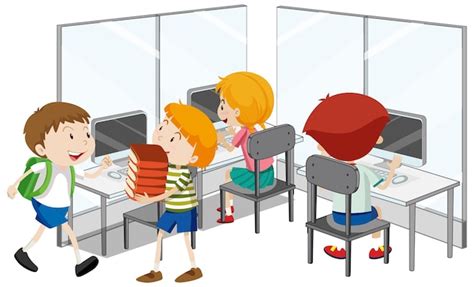 Free Vector | Students with computer classroom elements