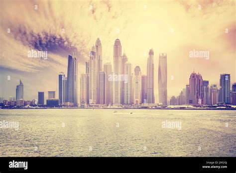 Dubai waterfront skyline, color toning applied, United Arab Emirates ...