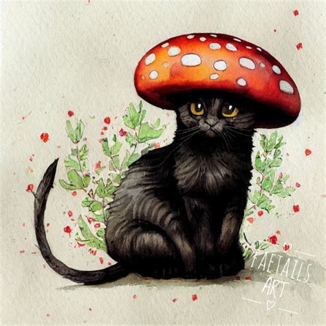 ART PRINT: Meowshroom, Fluffy Black Cat and Toadstool Mushroom - Etsy