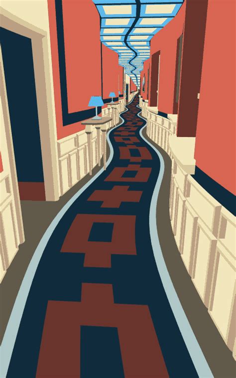 an image of a long hallway with red and blue walls