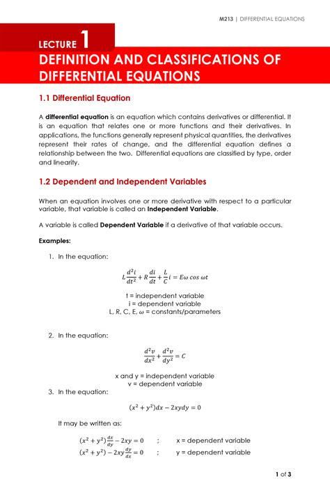 Lecture 1 - Definition and Classifications of Differential Equations - 1 of 3 M213 ...