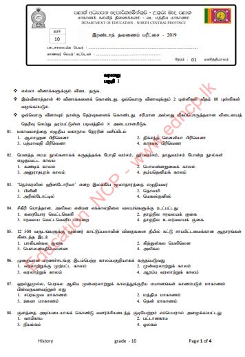 Grade 10 History Paper 2019 (2nd Term Test) | North Central Province