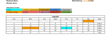 Free printable employee attendance calendar for 2024 (Excel, PDF, Word)