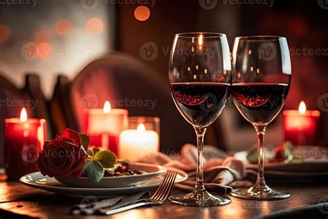 Glasses of red wine in a restaurant. romantic dinner. Neural network 23009159 Stock Photo at ...