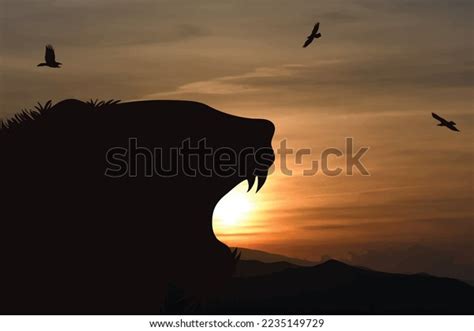 Vector Silhouette Lion On Sunset Background Stock Vector (Royalty Free ...