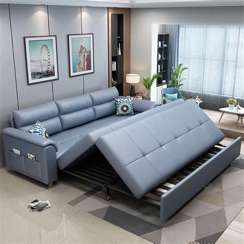 74" Blue Full Sleeper Convertible Sofa with Storage & Pockets Sofa Bed ...