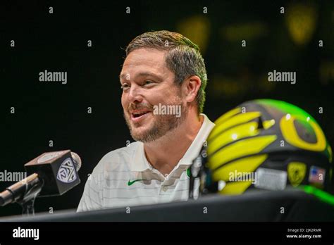 Oregon Ducks head coach Dan Lanning speaks during PAC-12 Media Day on ...