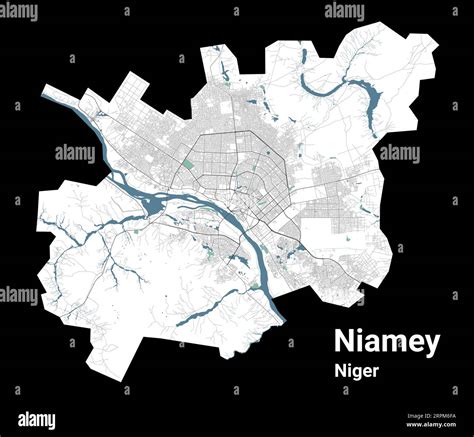 Niamey map, capital city of Niger. Municipal administrative area map with rivers and roads ...