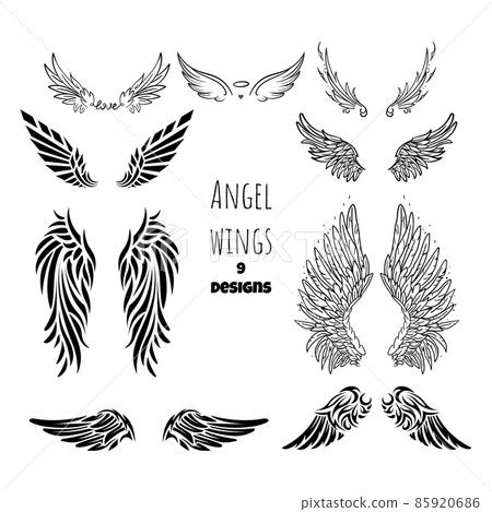 Angel wings tattoo collection. Isolated black... - Stock Illustration ...