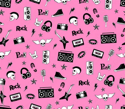 Seamless pattern. Punk rock music isolated on pink background. Doodle style elements, emblems ...