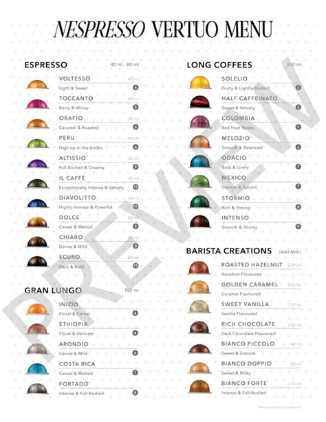 Nespresso VERTUO Capsule Menu Coffee List Digital Download File - Etsy