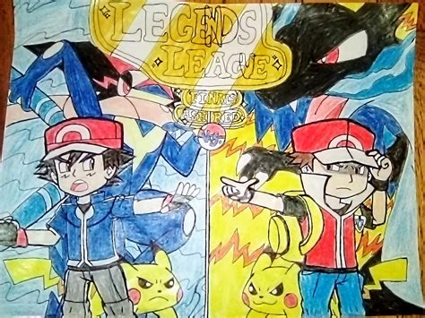 [OC] My own original drawing of Ash, Pikachu, and Ash-Greninja Vs. Red, Red's Pikachu, and Mega ...