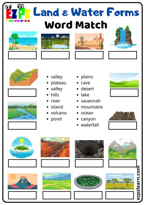 Land and Water Forms Word Match Free PDF download - Ezpzlearn.com