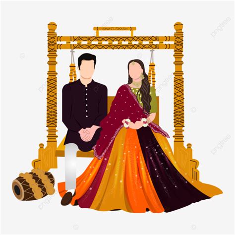 Indian Wedding Clipart Containing Bride And Groom Wearing Yellow Colour ...