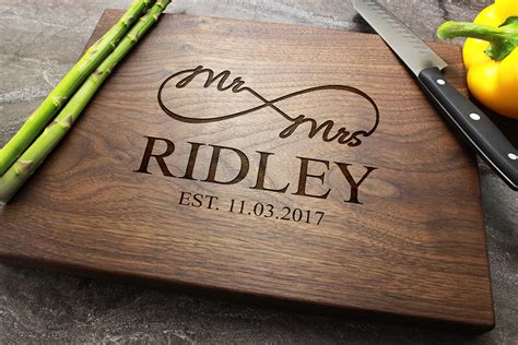 Personalized, Engraved Cutting Board with Classic Mr & Mrs Design for Wedding or Anniversary ...