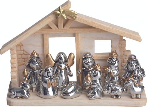 11 Piece Modern Nativity Set | Silver & Gold | Stable With Star | 4 ...