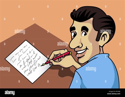 Cartoon-style illustration: a smiling man writing a letter with a fountain-pen and paper Stock ...