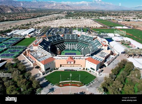 An aerial view of Stadium 1 at the Indian Wells Tennis Garden, Friday, Feb. 25, 2022, in Indian ...