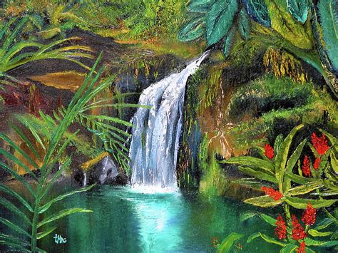 Prints Print titled 'Tropical Waterfall' landscape tropical painting waterfall art jungle ...