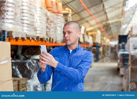 Store Warehouse Employee Scans Barcode on Boxes Using Phone Stock Image - Image of warehouse ...