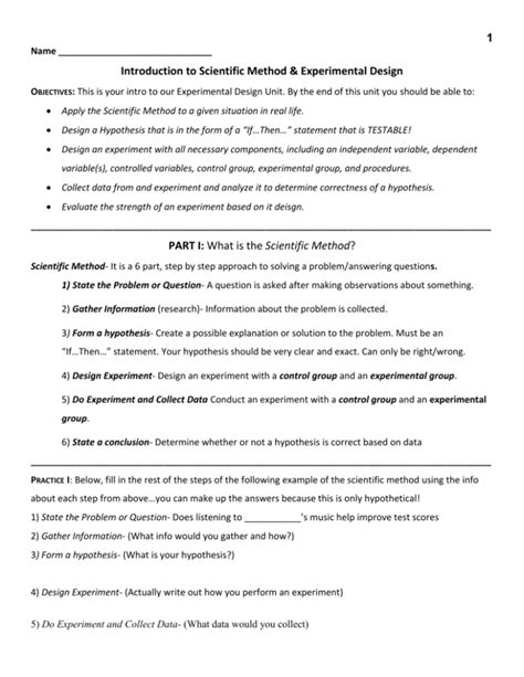 Experimental Design Worksheet Scientific Method