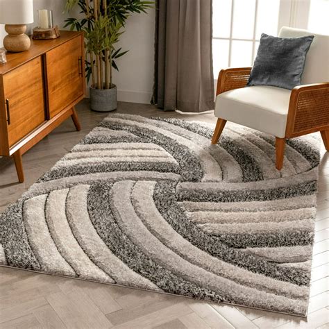 Well Woven San Francisco Ucci Grey Modern Geometric Stripes 5'3" x 7'3" Shag 3D Textured Area ...