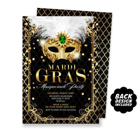 Mardi Gras Party Invitation + Back Design, Printable File, Black and ...