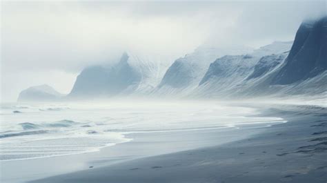 Premium AI Image | Subtle Atmospheric Perspective Mountains On The Beach