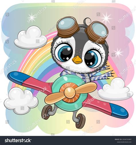 Cute Cartoon Penguin Flying On Plane Stock Vector (Royalty Free ...