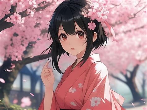 Premium Photo | Anime Girl in Kimono Among Cherry Blossoms