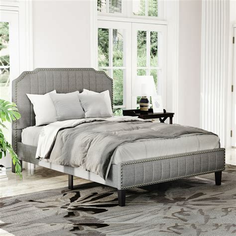 UHOMEPRO Upholstered Platform Bed Frame, Queen Size Bed Frame with Modern Curved Upholstered ...