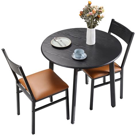 3 Piece Round Dining Table Set with Cushioned Chairs for Dining Room, Kitchen, Small Spaces ...