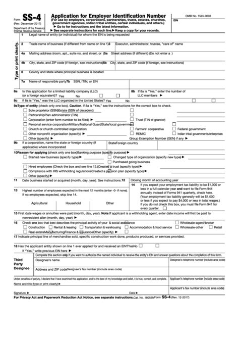 Form Ss 4 Application For Employer Identification Number - Employment Form