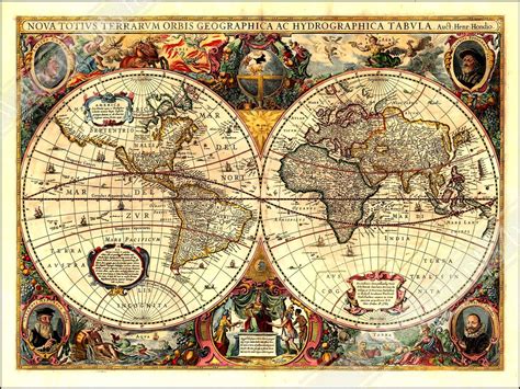 Vintage World Map Poster, Henricus Hondius - World Map Print From 1663 ...