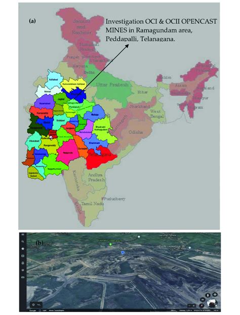 (a,b) Indian Map and Google Earth image indicating Ramagundam mines ...