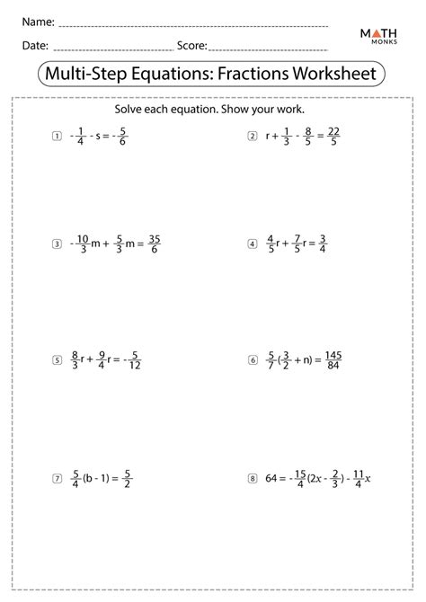 Multi Step Equations With Fractions Worksheet