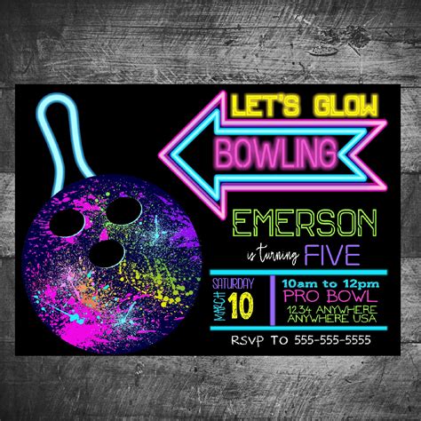 Neon Bowling Birthday invitation Glow Bowling invitation | Etsy