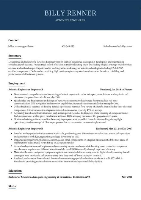 Avionics Engineer Resume (CV) Example and Writing Guide