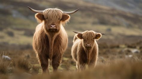 Two Highland Cows Are Standing In A Field Of Grass Background, Highland ...