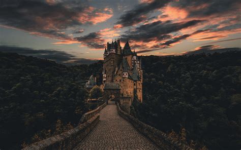 Download wallpapers Eltz Castle, 4k, sunset, forest, Wierschem, Germany Desktop Wallpaper ...