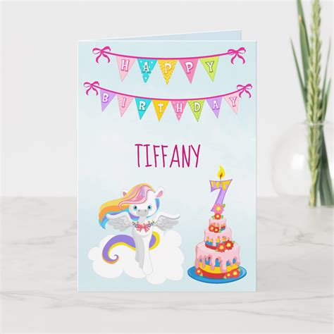 Beautiful Unicorn 7th Birthday Blue Card | Zazzle