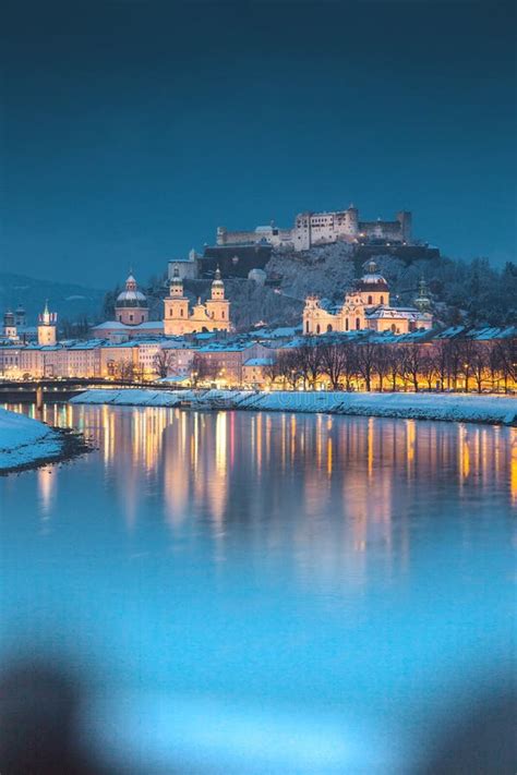 Salzburg Old Town at Twilight in Winter, Austria Stock Photo - Image of ...