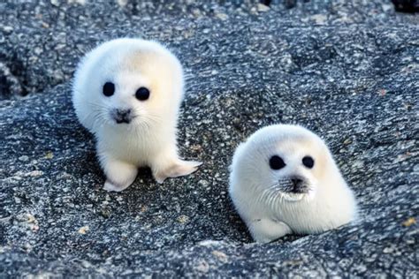 adorable baby harp seal on a rocky beach, | Stable Diffusion