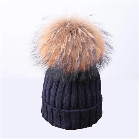 Real big raccoon ball cap women winter hats girls pom poms hat knitted ...