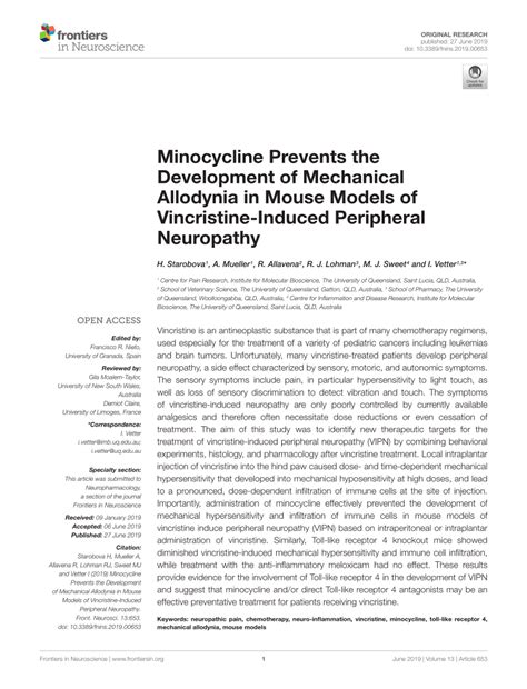 (PDF) Minocycline Prevents the Development of Mechanical Allodynia in Mouse Models of ...