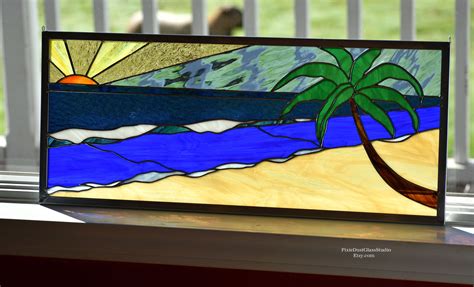 Tropical Beach Sunset with Palm Trees Oval Stained Glass Panel Art & Collectibles Glass Art ...