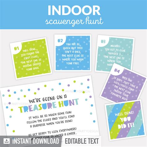 Indoor Scavenger Hunt Clues - Printable editable PDF | My Party Design