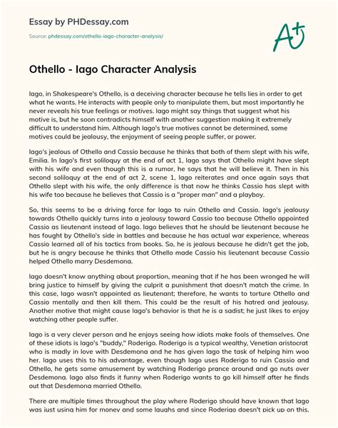 Othello - Iago Character Analysis Essay Example - PHDessay.com