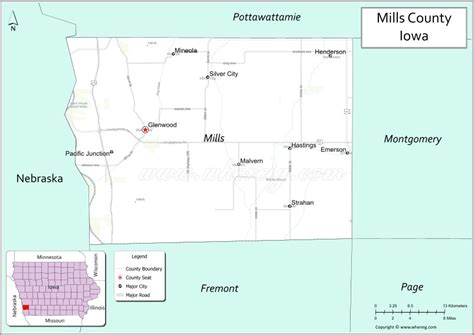 Map of Mills County, Iowa showing cities, highways & important places ...