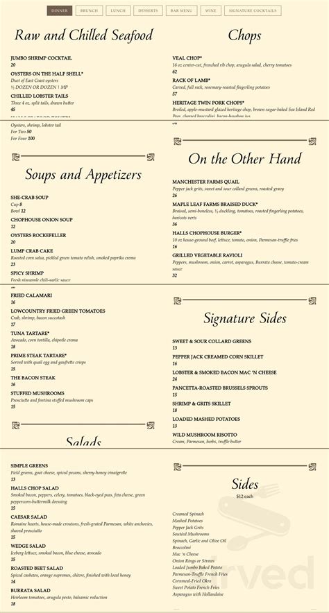 Halls Chophouse Nexton (Summerville) menu in Summerville, South ...